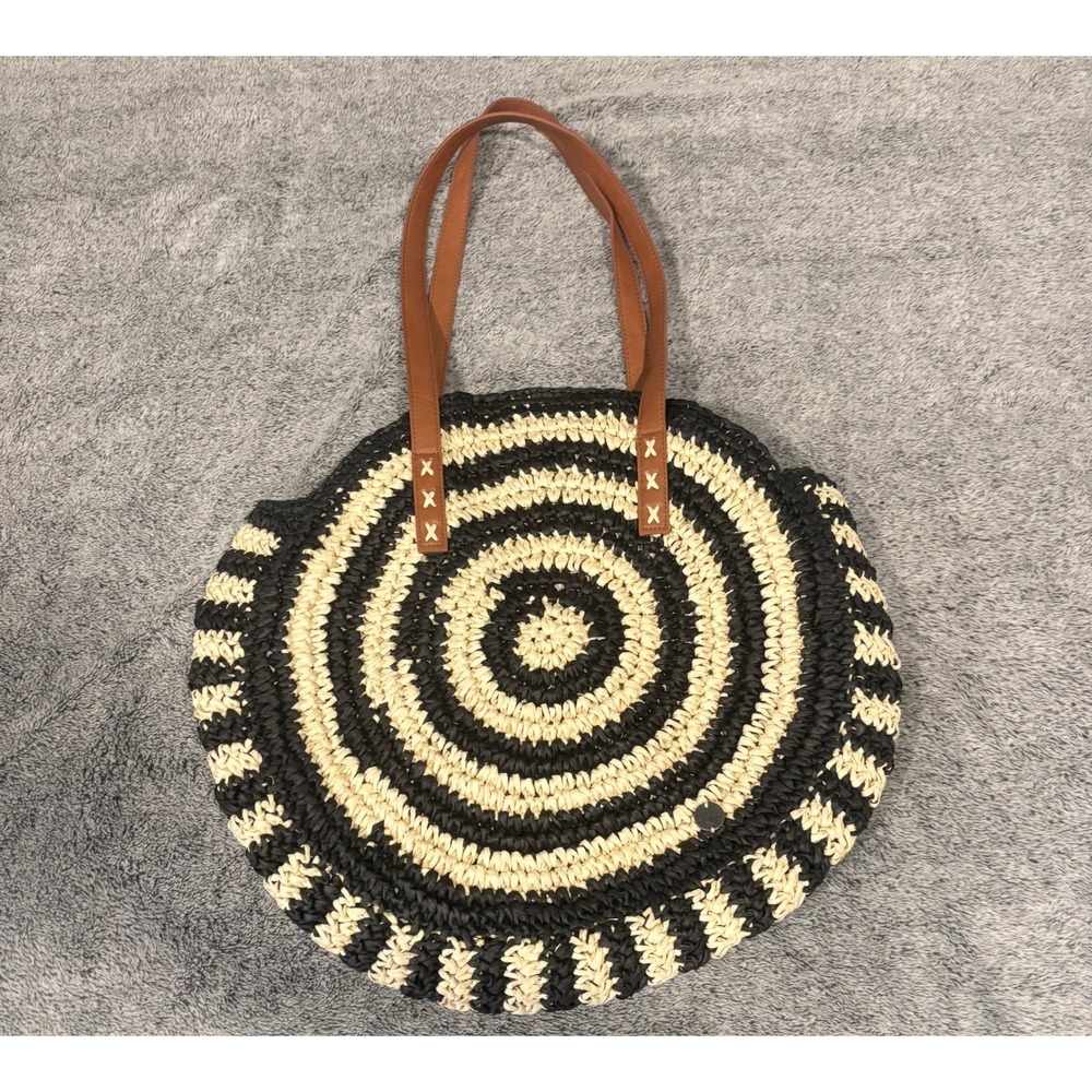 Billabong Womens Tote Bag Woven Straw Round Boho Coastal Nautical Striped 21557
